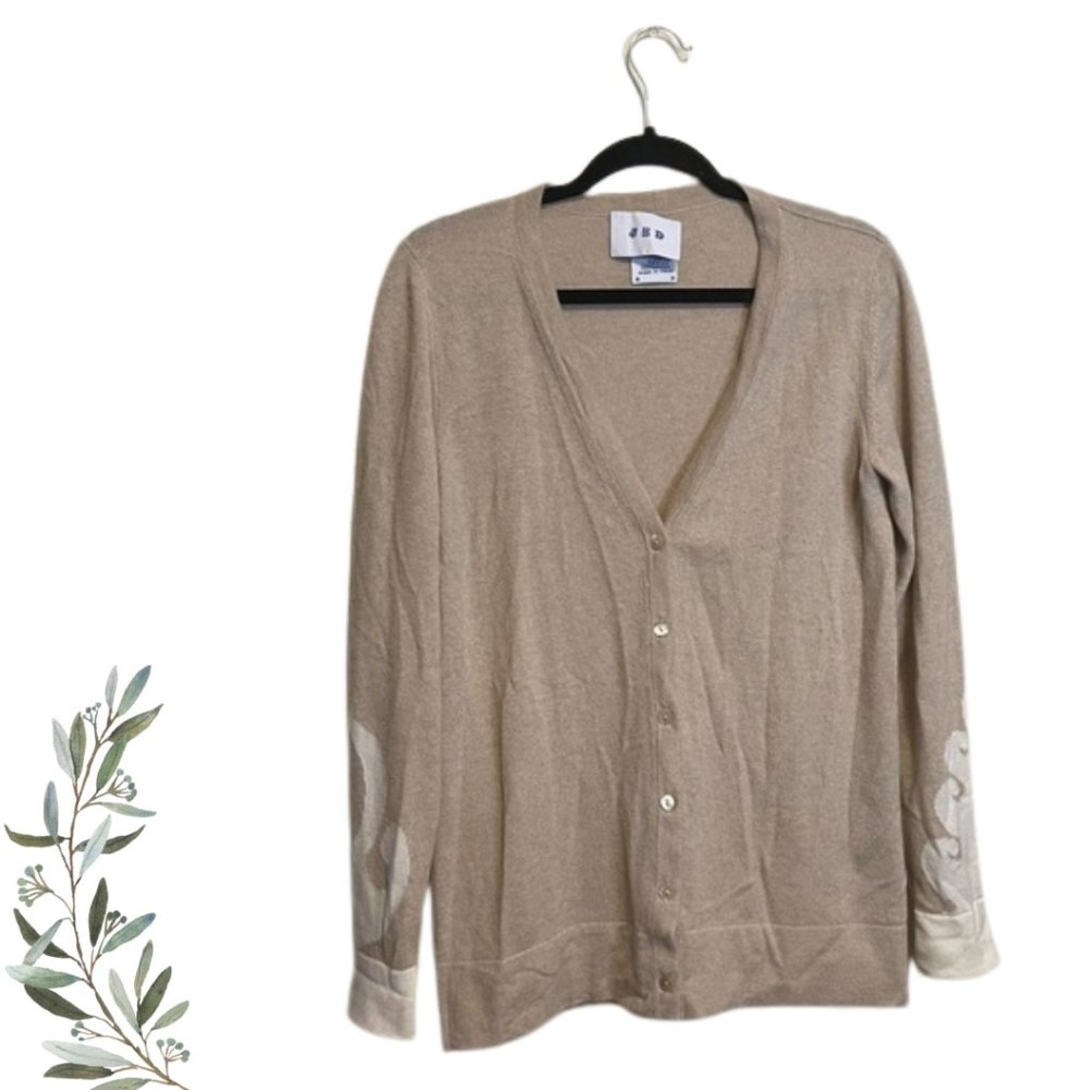 JED Tan Cashmere Cardigan with Cream Damask Sleeves Size Medium